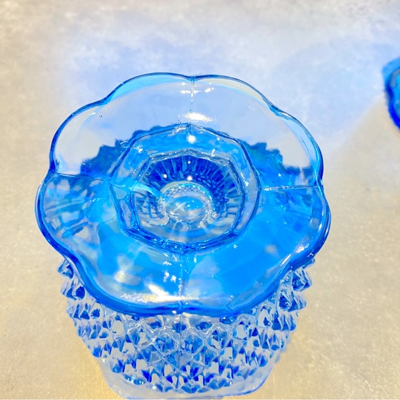 Vintage Diamond Point Ice Blue Indiana Glass Footed Bowl Scalloped set of 4 - Picture 5 of 9